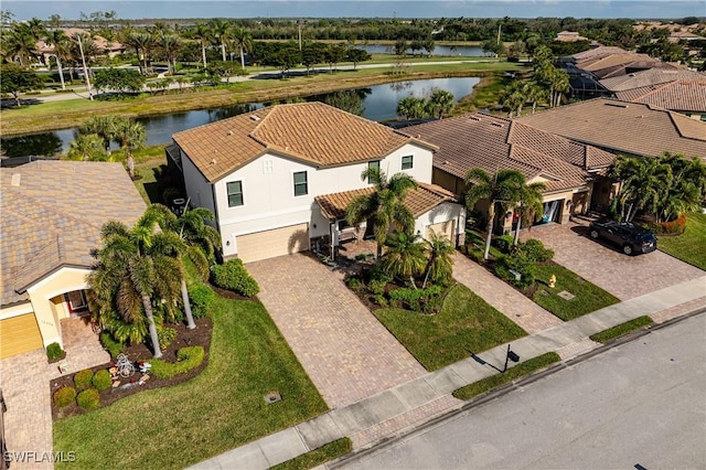 drone / aerial view featuring a water view