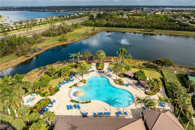 drone / aerial view with a water view