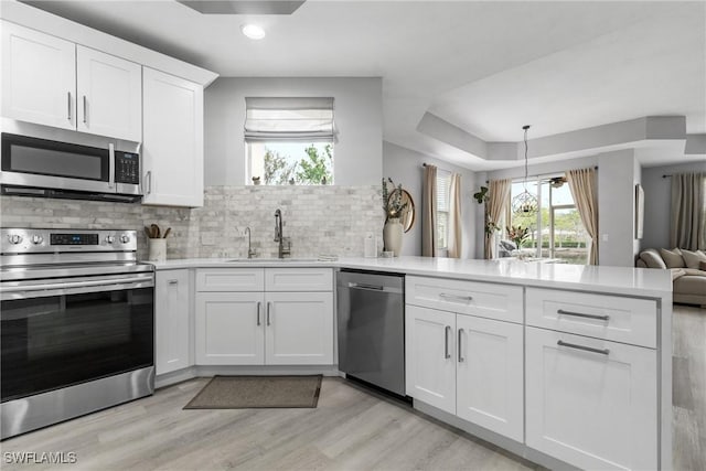 kitchen with sink, white cabinets, decorative backsplash, kitchen peninsula, and stainless steel appliances