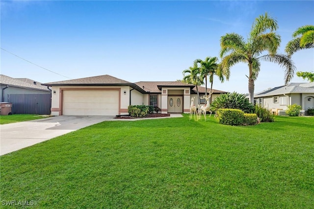 single story home featuring a front lawn and a garage