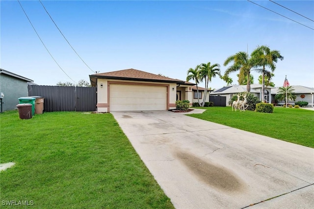 ranch-style house featuring a garage and a front lawn