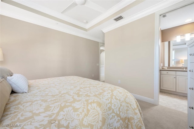 bedroom featuring light carpet, baseboards, visible vents, arched walkways, and crown molding