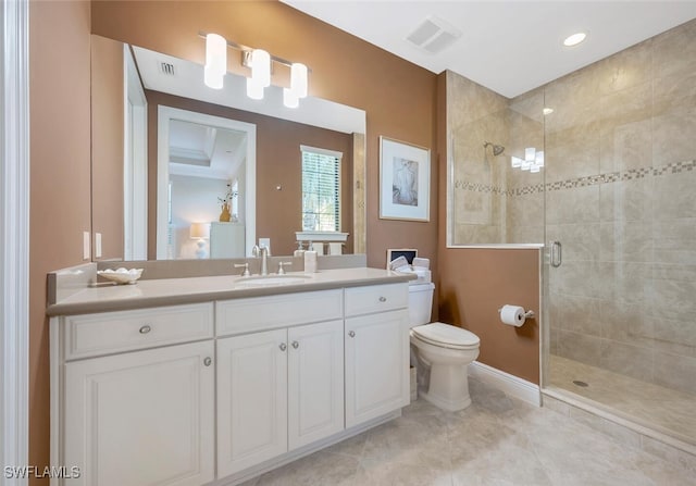 full bath featuring toilet, vanity, a shower stall, and visible vents