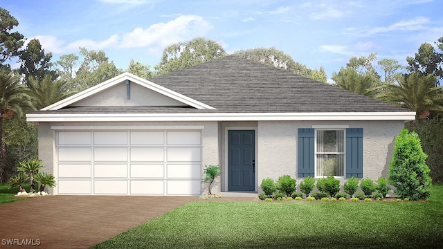 single story home featuring driveway, stucco siding, roof with shingles, an attached garage, and a front yard