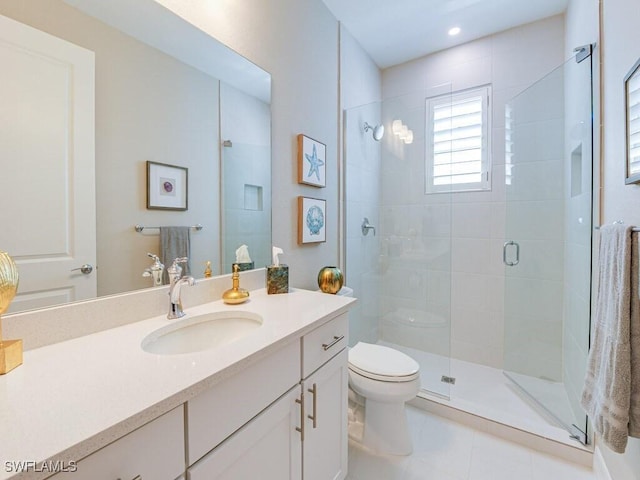 bathroom with tile patterned flooring, vanity, toilet, and walk in shower