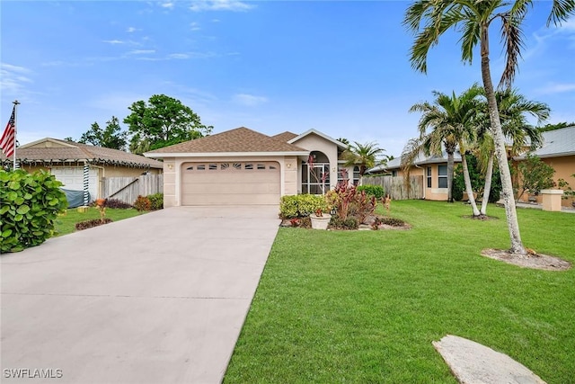 ranch-style house featuring a front lawn and a garage