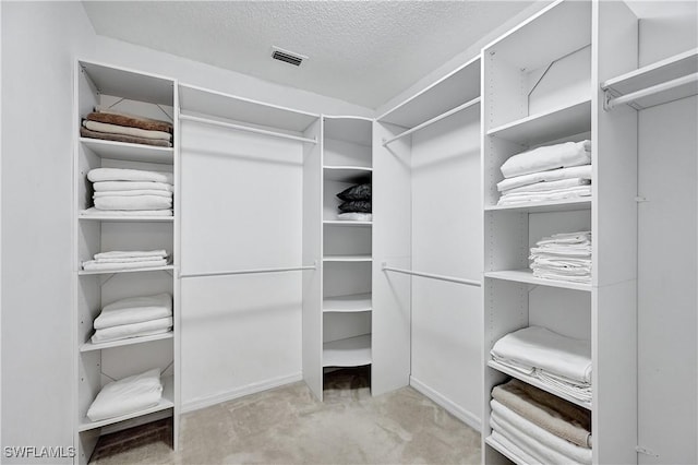 walk in closet featuring light colored carpet