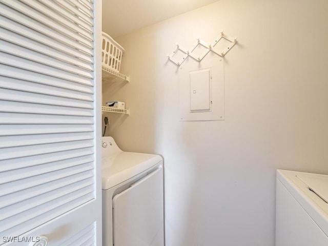 washroom with independent washer and dryer and electric panel