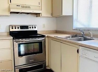 kitchen with cream cabinets, dishwasher, stainless steel range with electric stovetop, and sink