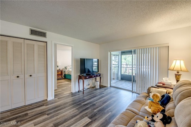 living room featuring hardwood / wood-style floors and a textured ceiling