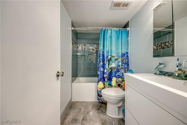 full bathroom with vanity, toilet, and shower / bath combo with shower curtain