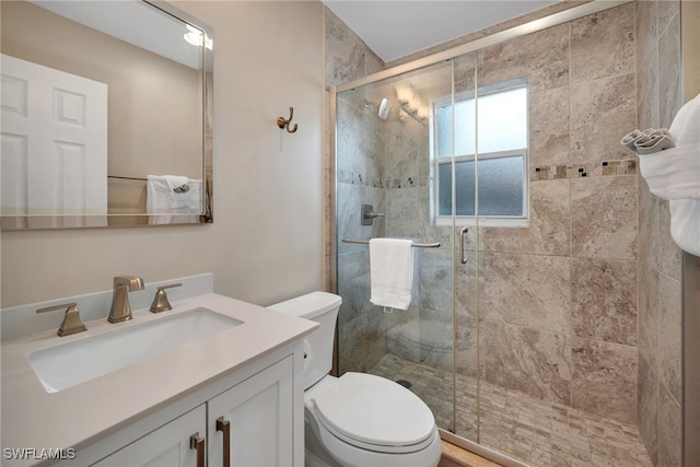 bathroom with toilet, vanity, and walk in shower