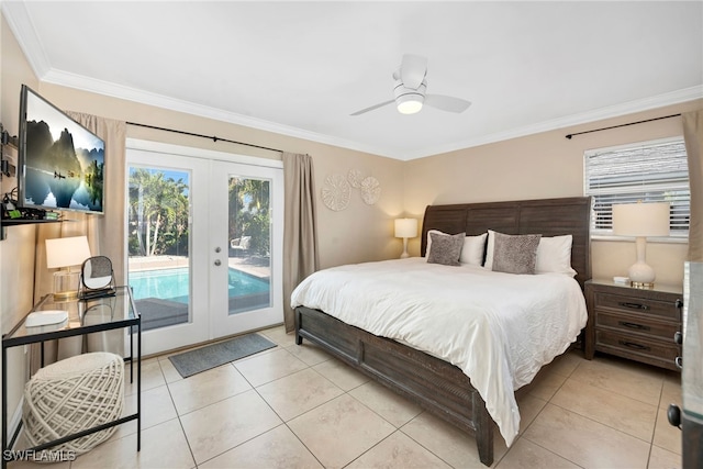 tiled bedroom featuring ceiling fan, crown molding, access to outside, and french doors