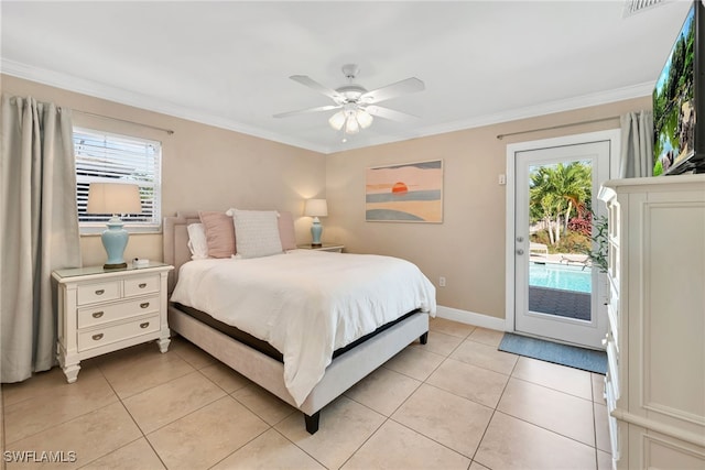 bedroom featuring access to exterior, ceiling fan, multiple windows, and ornamental molding