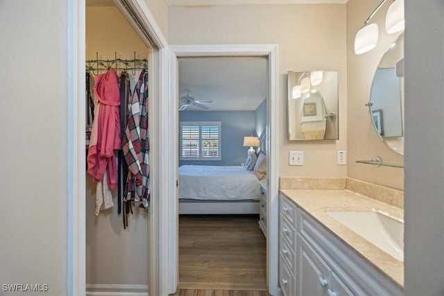 bathroom with connected bathroom, a ceiling fan, wood finished floors, a spacious closet, and vanity