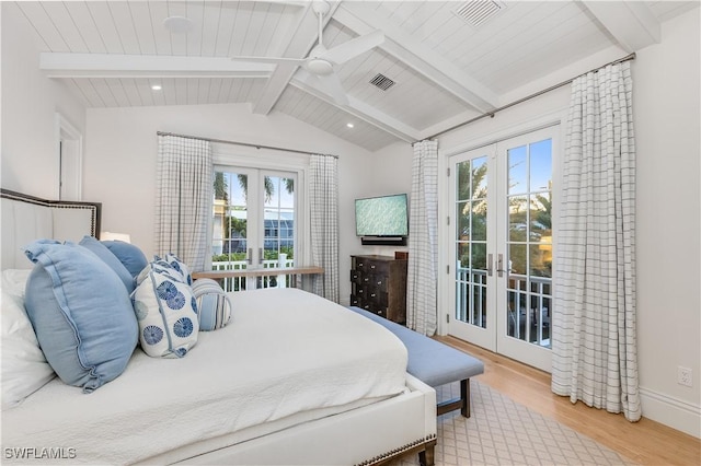 bedroom with access to exterior, french doors, lofted ceiling with beams, and light wood-type flooring