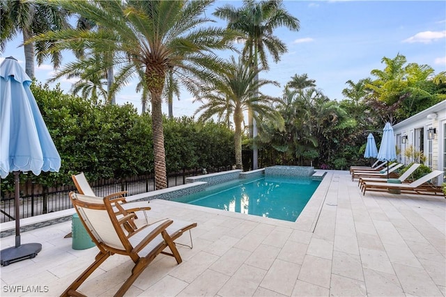 view of swimming pool featuring a patio area