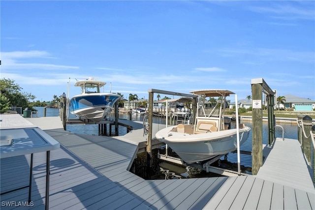 dock area featuring a water view and boat lift