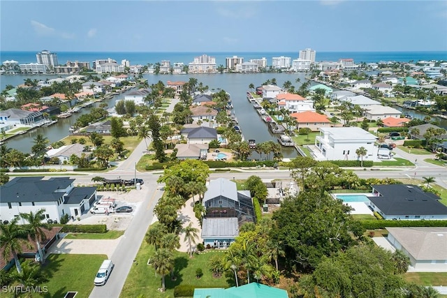 bird's eye view with a water view