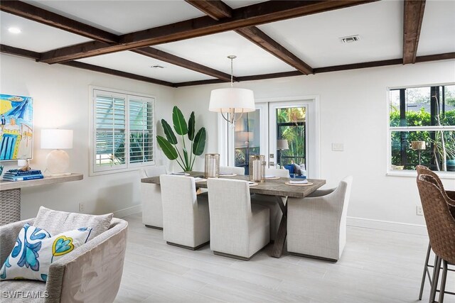 dining area with visible vents, baseboards, and beamed ceiling