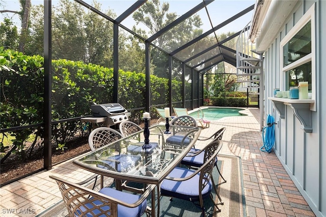 view of patio with glass enclosure, an outdoor pool, and a grill