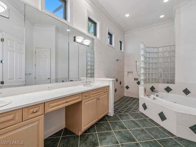 bathroom featuring tile patterned flooring, vanity, separate shower and tub, and ornamental molding