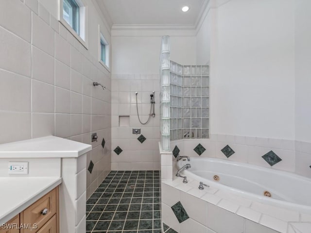 bathroom with shower with separate bathtub, vanity, tile patterned floors, and ornamental molding