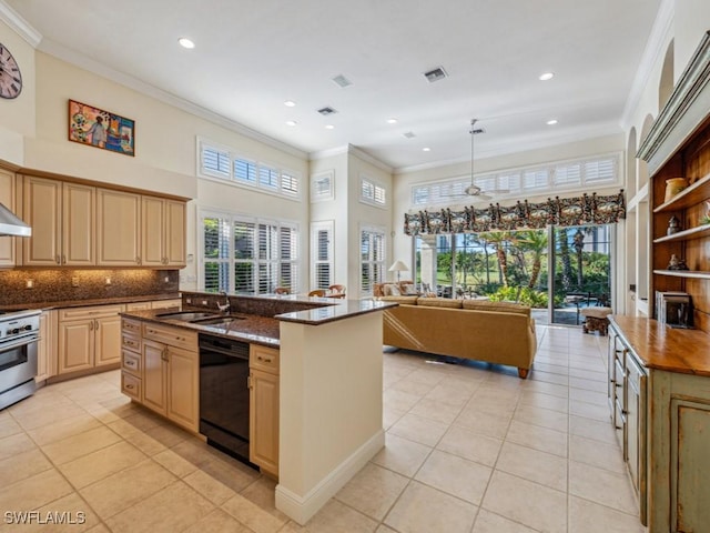 kitchen with pendant lighting, light brown cabinets, a kitchen island with sink, light tile patterned floors, and black dishwasher