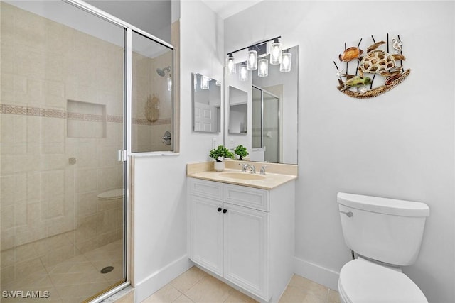 bathroom with tile patterned floors, a shower with door, vanity, and toilet