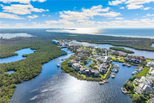 aerial view featuring a water view