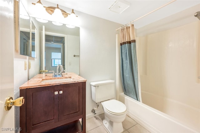 full bathroom featuring vanity, tile patterned flooring, shower / bathtub combination with curtain, and toilet