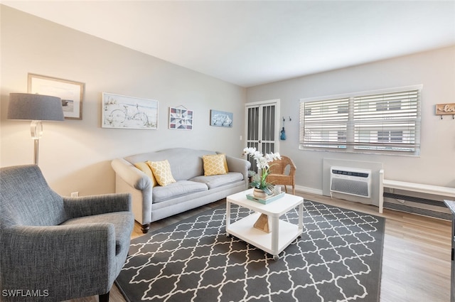 living room with an AC wall unit and hardwood / wood-style floors