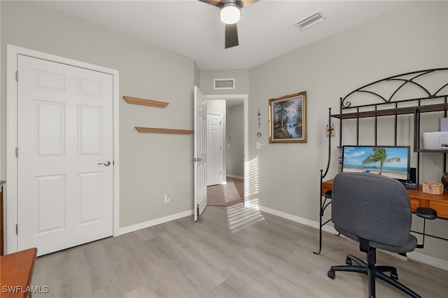 home office featuring ceiling fan and light wood-type flooring