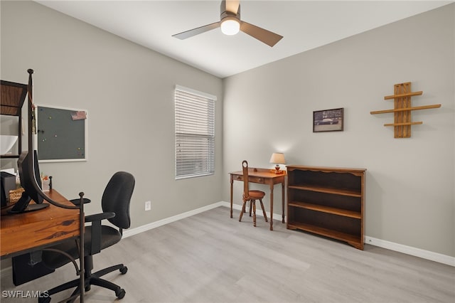 office space featuring light wood-type flooring and ceiling fan