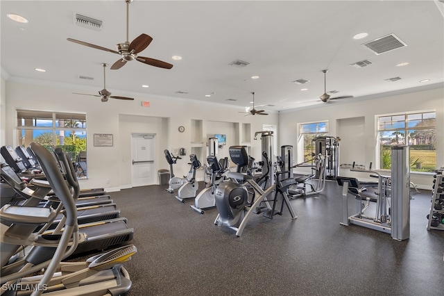 exercise room featuring plenty of natural light, crown molding, and ceiling fan