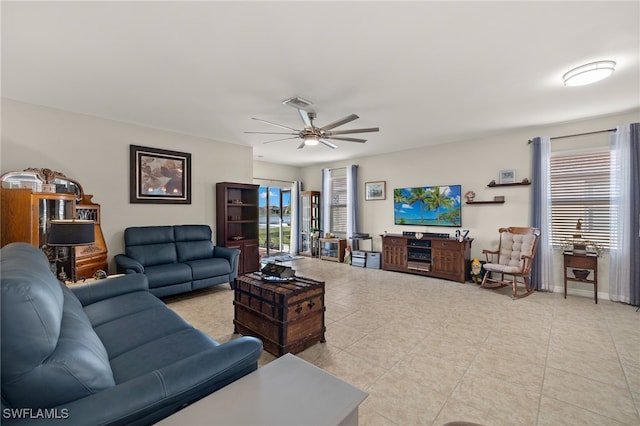 living room with ceiling fan