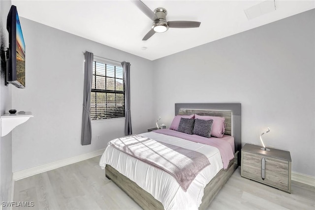 bedroom with ceiling fan and light hardwood / wood-style floors