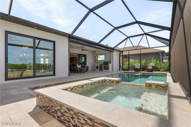 view of pool featuring ceiling fan, a patio area, a lanai, and area for grilling