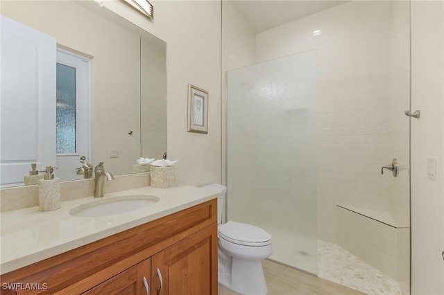 bathroom with toilet, vanity, and a shower