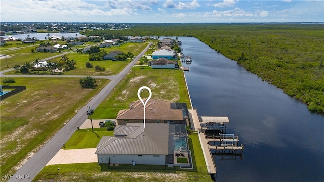 drone / aerial view featuring a water view