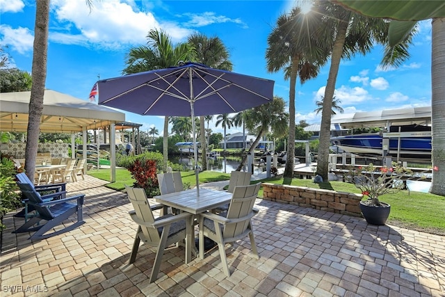 view of patio featuring a water view