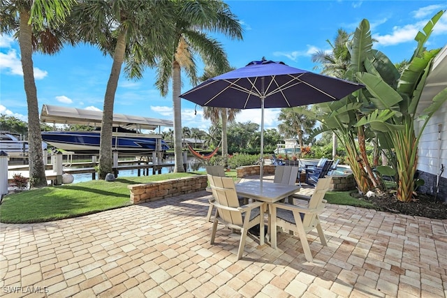 view of patio / terrace with a dock and a water view