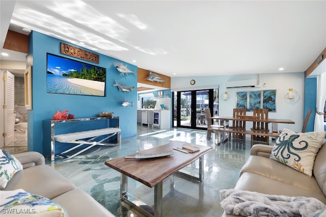 living room with a wall mounted air conditioner, french doors, and beverage cooler