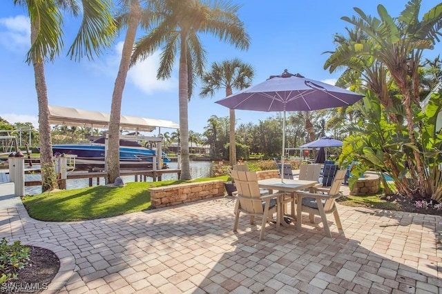 view of patio / terrace with a water view and a dock