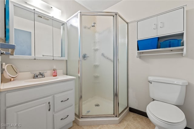 bathroom featuring an enclosed shower, vanity, toilet, and tile patterned flooring