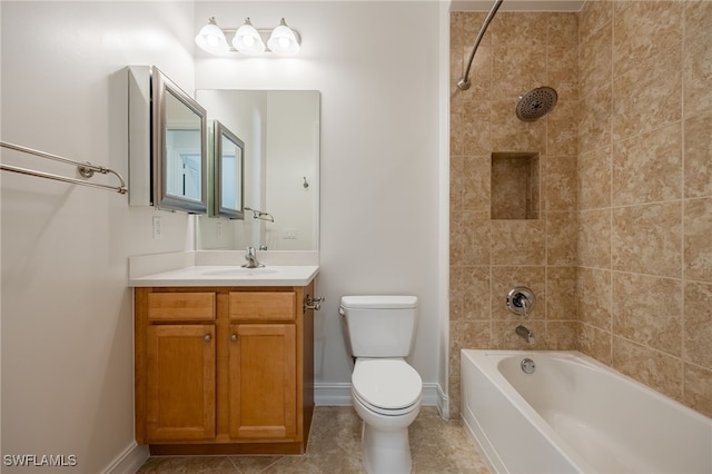 full bathroom with vanity, tile patterned floors, tiled shower / bath combo, and toilet