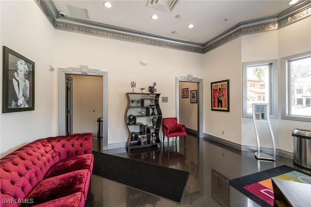 living room with crown molding