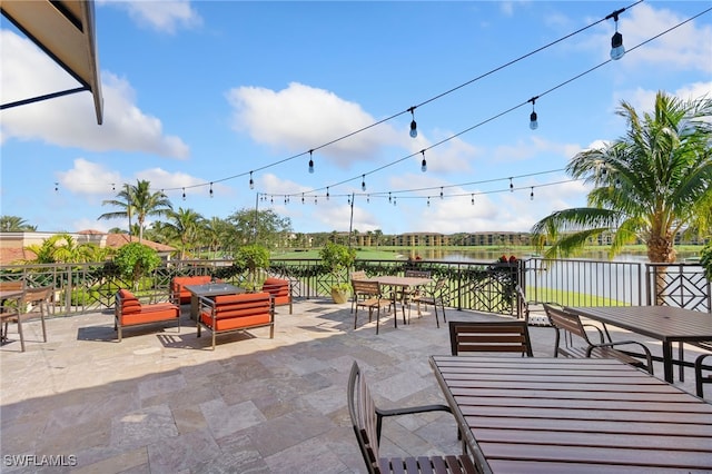 view of patio / terrace featuring a water view