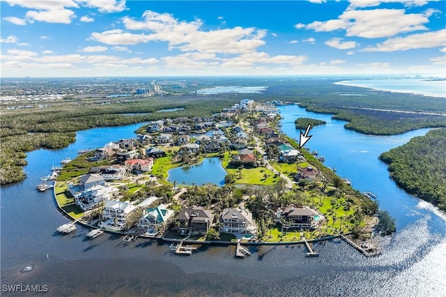 bird's eye view with a water view