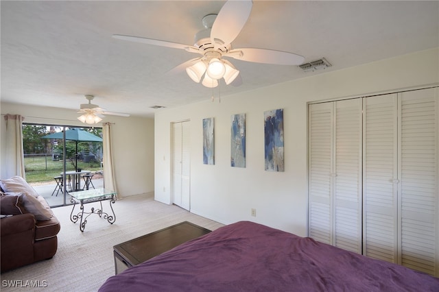 bedroom featuring access to outside and ceiling fan